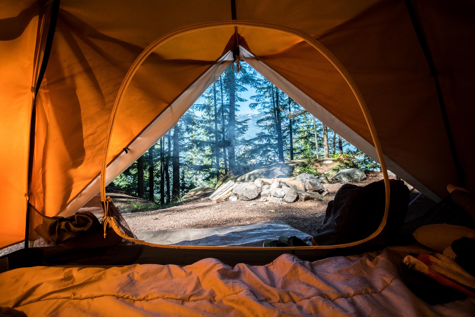 Inside a tent representing safety issues when camping
