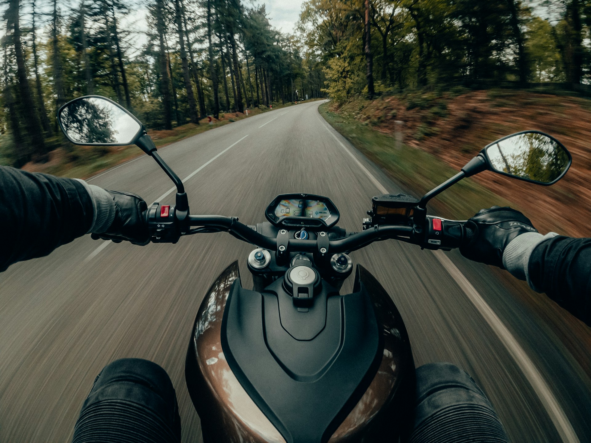 A motorcycle on a winding, wooded road from the driver's POV, representing Motorcycle Awareness Month